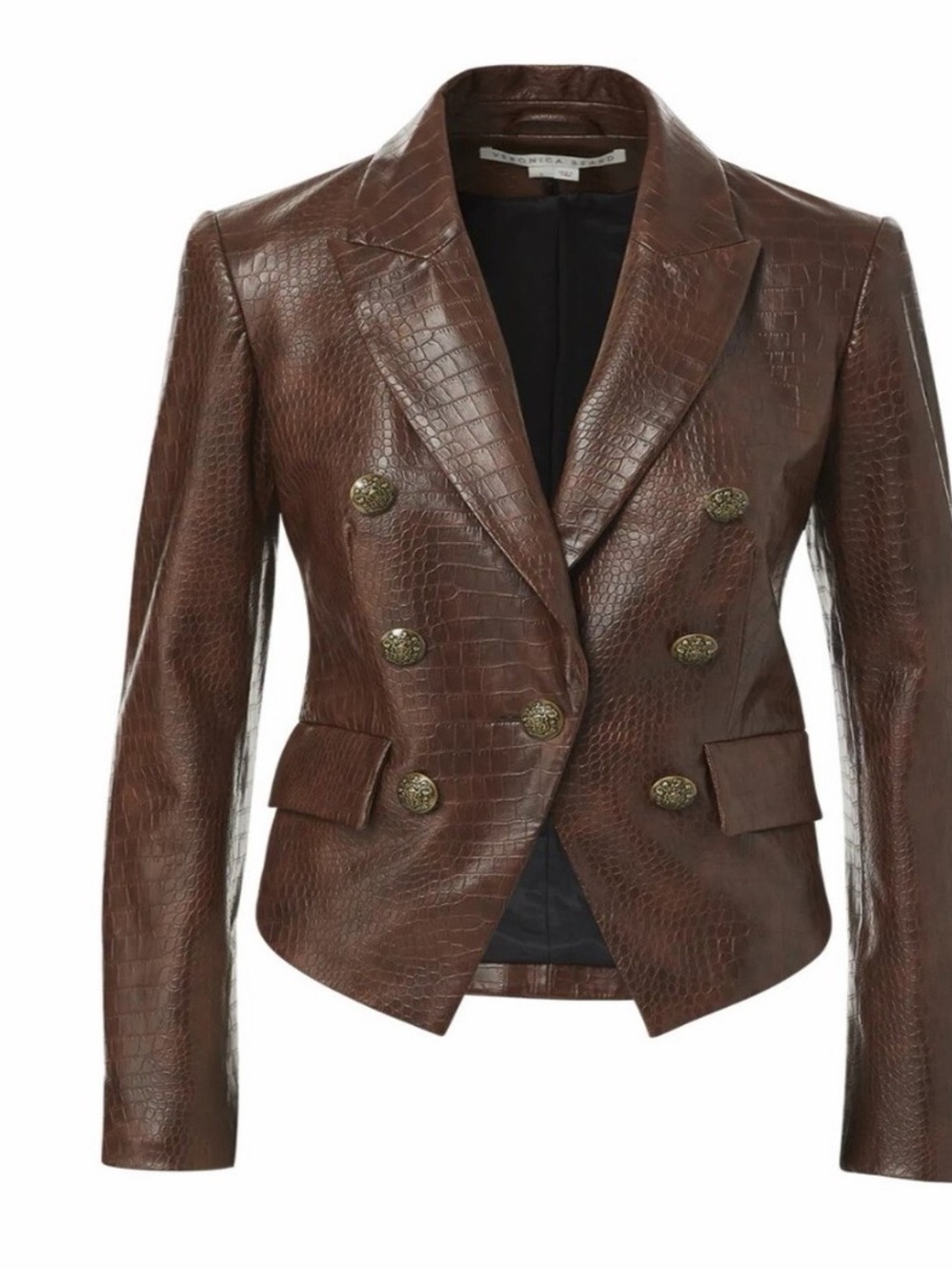 Veronica Beard Brown Croc-Embossed Double-Breasted Leather Blazer